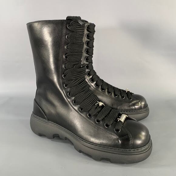 BURBERRY Size 10 Black Leather Lace Up Boots main image 7